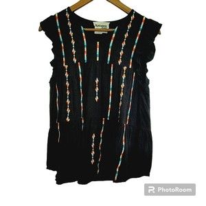 Savanna Jane Women's Size Medium Black Tank Top Ruffle Colorful Embroidery